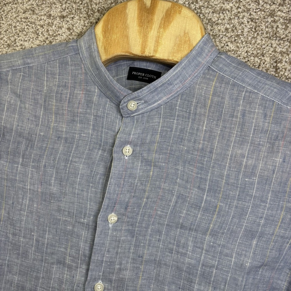 Proper Cloth Shirt Mens Medium Blue Stripe Long Sleeve Linen Band Collar Casual